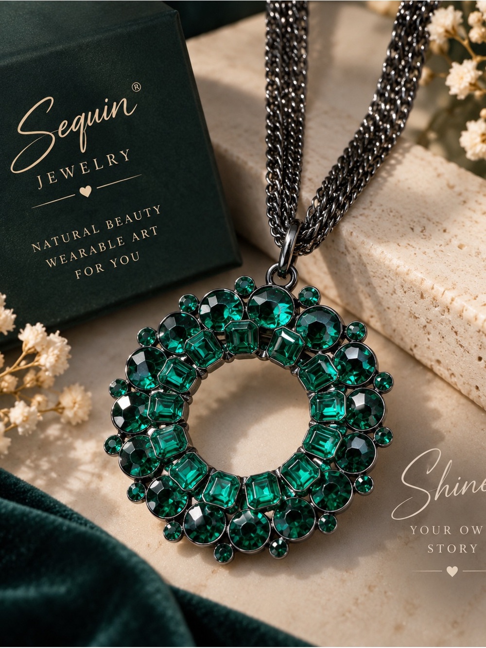 Emerald Green Crystal Circle Pendant Necklace